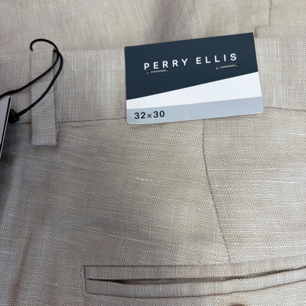 New Perry Ellis Portfolio Linen Pants Mens 32x30 Beige Flat Front Dress Trousers - Picture 5 of 12